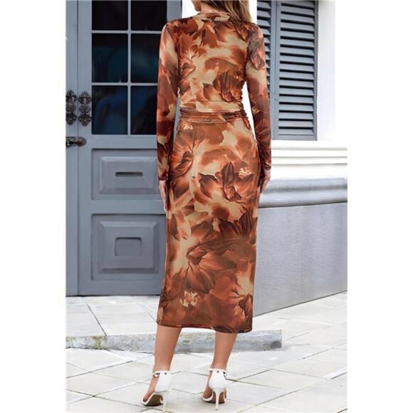 Women's Long Sleeve Maxi Dress Orange Brown - Picture 3 of 5